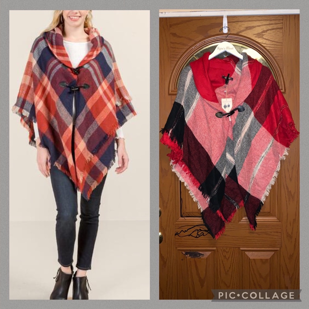 Altare Red Plaid Asymmetrical Fringe Trim Toggle Brushed Shawl Poncho Wrap
